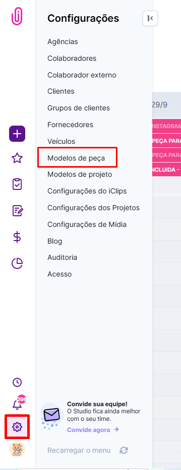 Tela de modelo de peças com acesso ao modelo de workflow