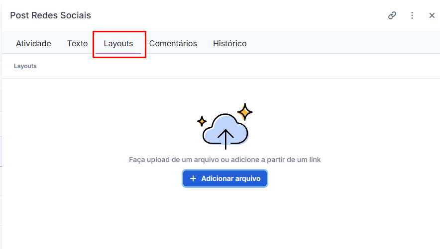 Arquivos anexados na aba de layouts da peça