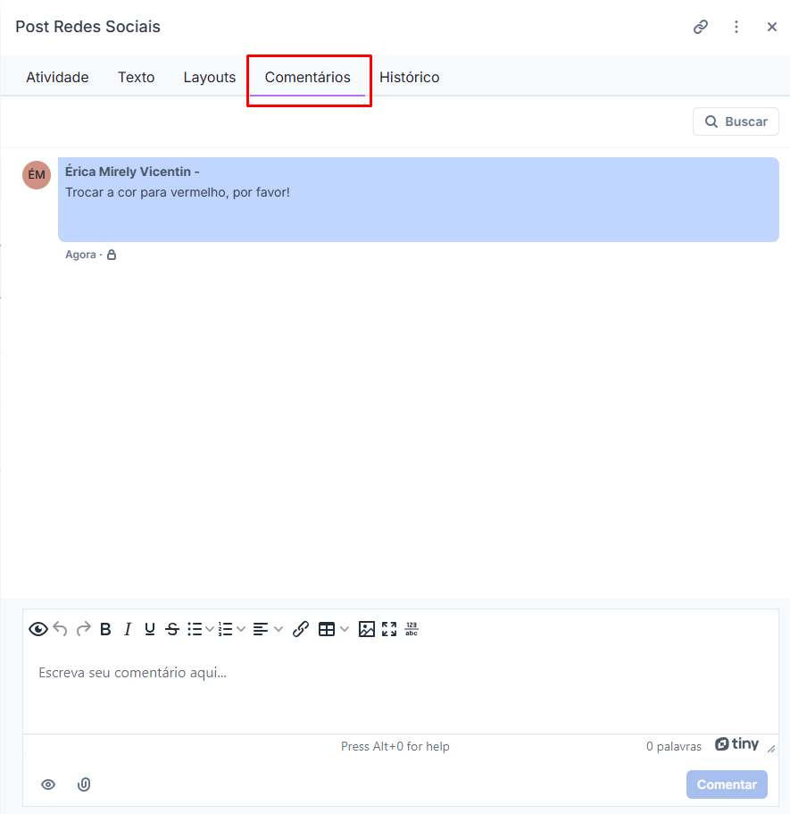 Comentários registrados numa peça
