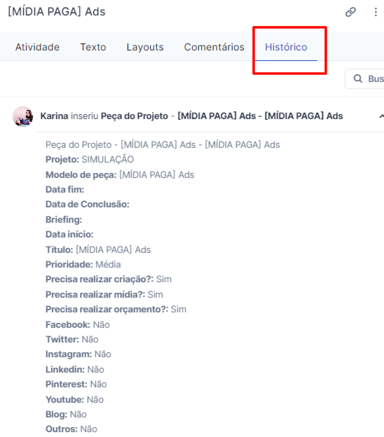 Histórico de ações de uma peça