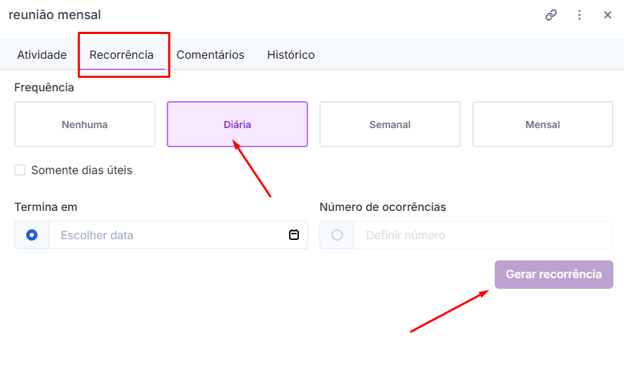 Configurando a recorrência de uma tarefa