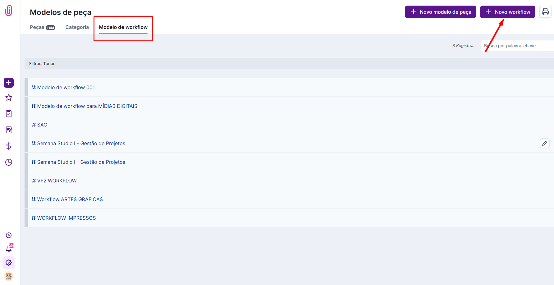 Listagem de modelos de workflow já cadastrados