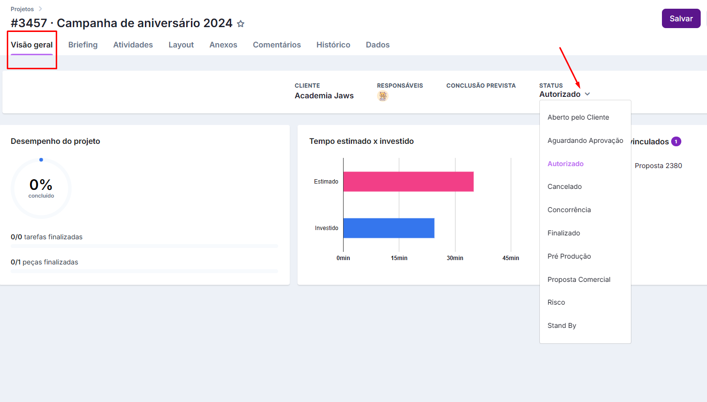 Tela de autorização de um projeto aberto pelo cliente