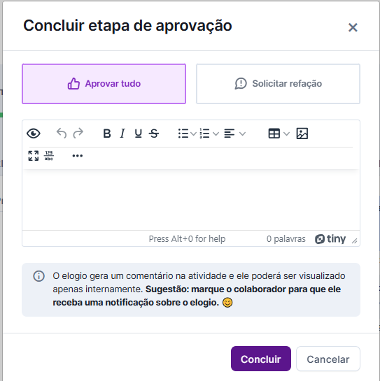 Opções de aprovar ou solicitar refação