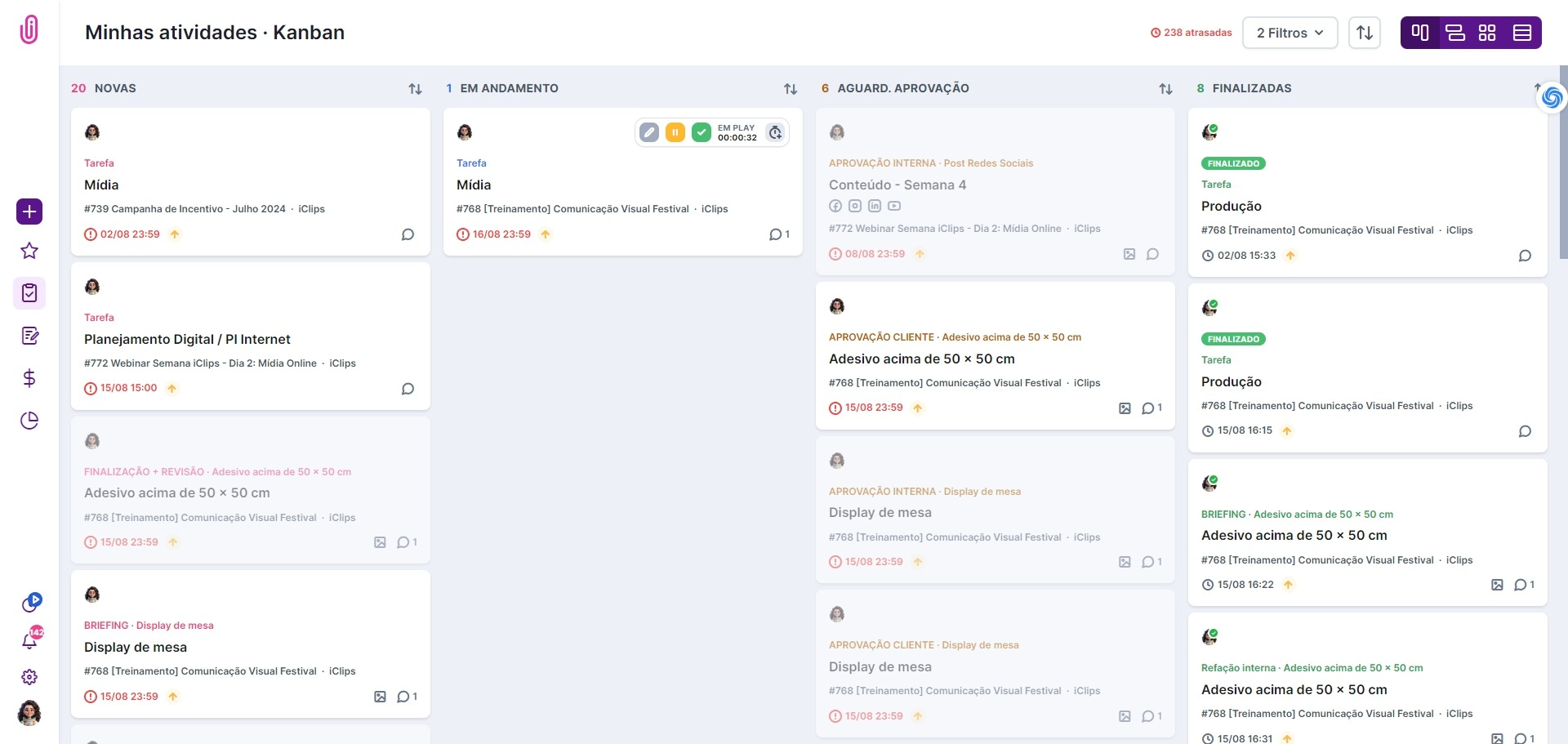 Visão Kanban do painel Minhas Atividades