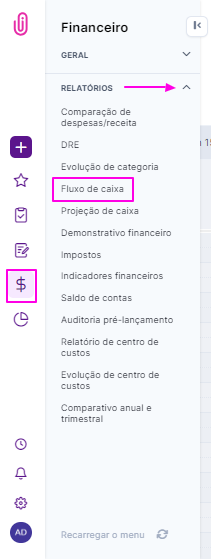 Menu Financeiro com o item Fluxo de caixa destacado em Relatórios