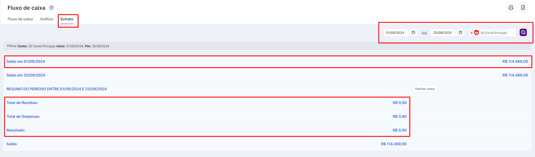 Botão Fechar caixa na linha de resumo do período no Extrato