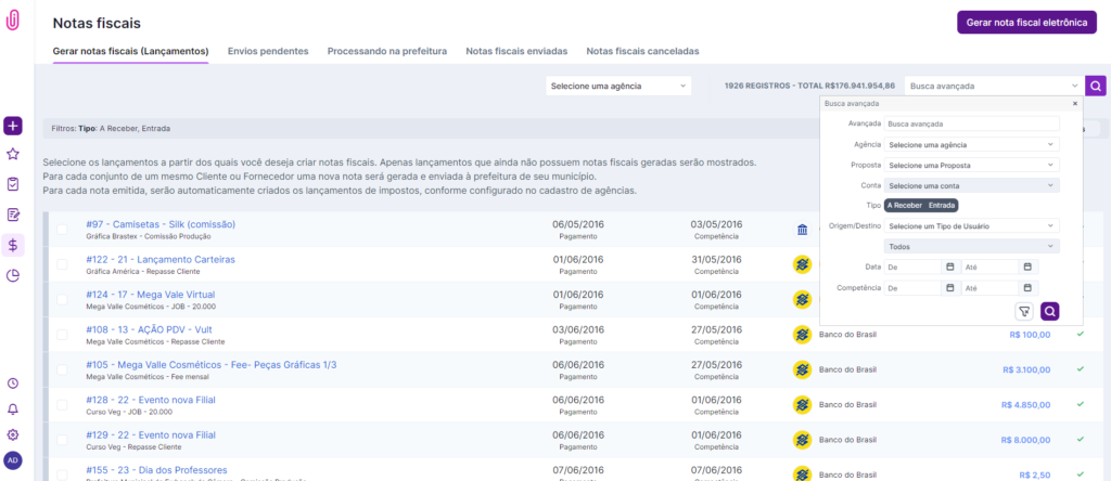 Painel de Busca avançada aberto na tela de Notas fiscais, com filtros de agência, proposta, conta, tipo, origem/destino, data e competência