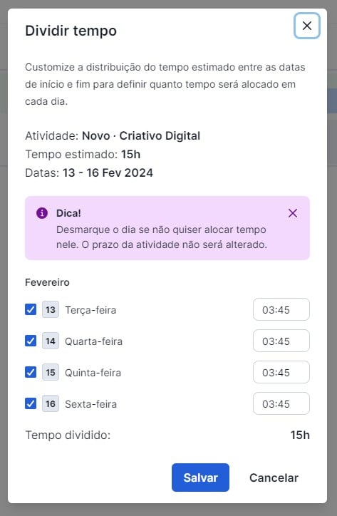 Distribuição de horas por dia numa atividade longa