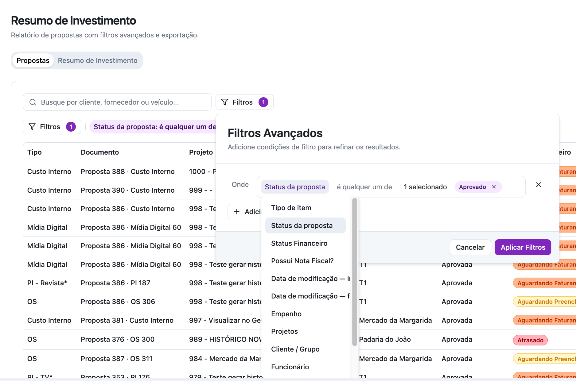 Painel de filtros avançados do relatório Resumo de Investimento
