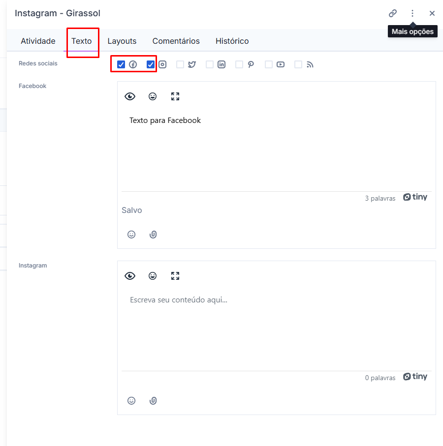Aba de texto de uma peça de redes sociais