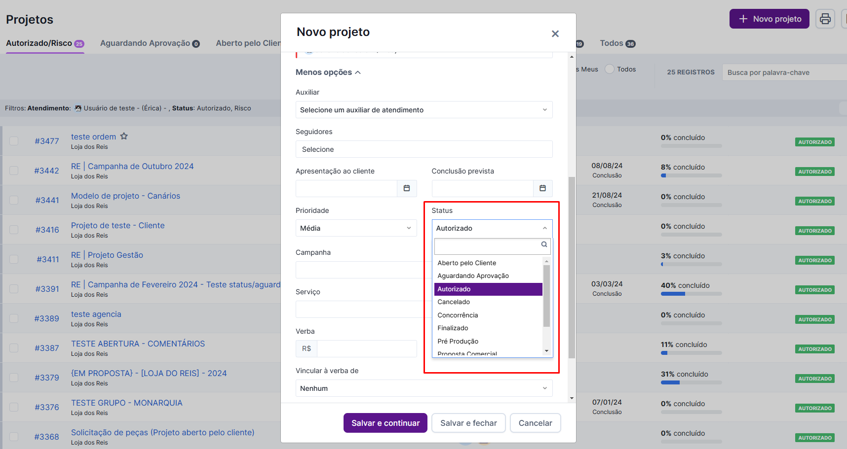 Exemplo de projeto com status de risco ou autorizado