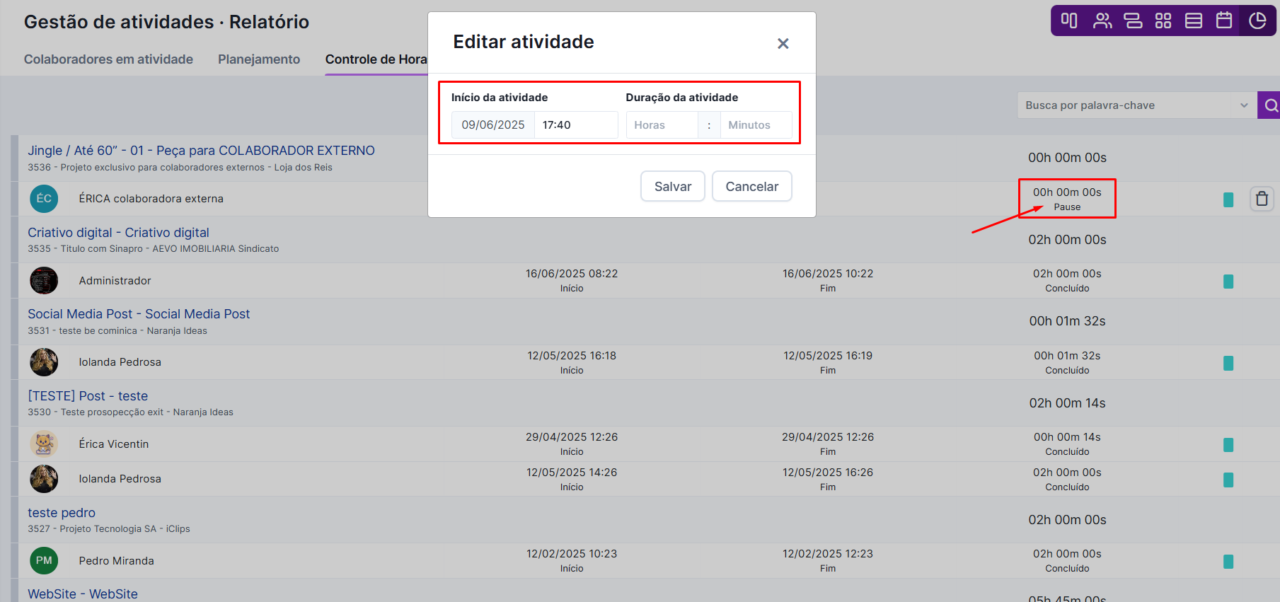 Editando o tempo registrado de uma atividade