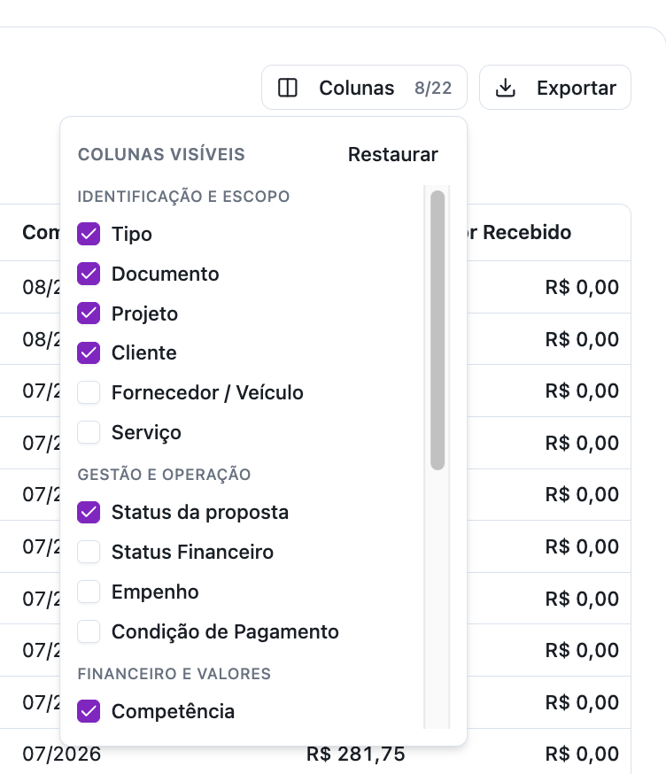 Gerenciador de Colunas do relatório