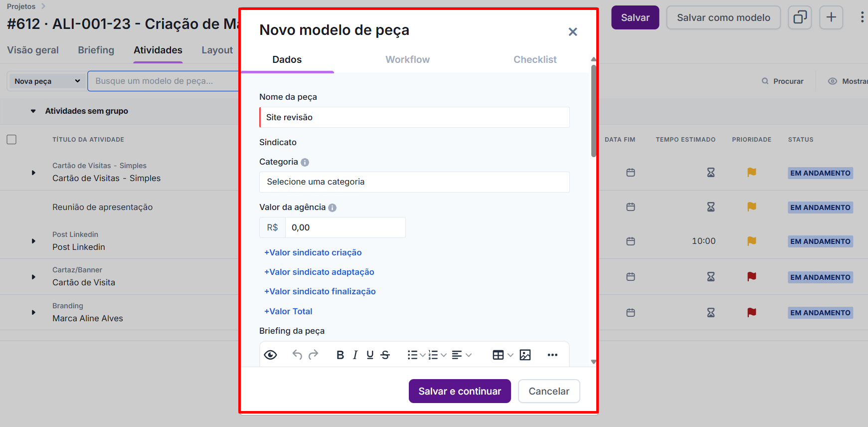 Tela de criação de um novo modelo de peça