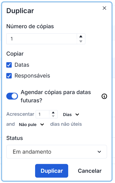 Opções adicionais ao duplicar uma peça