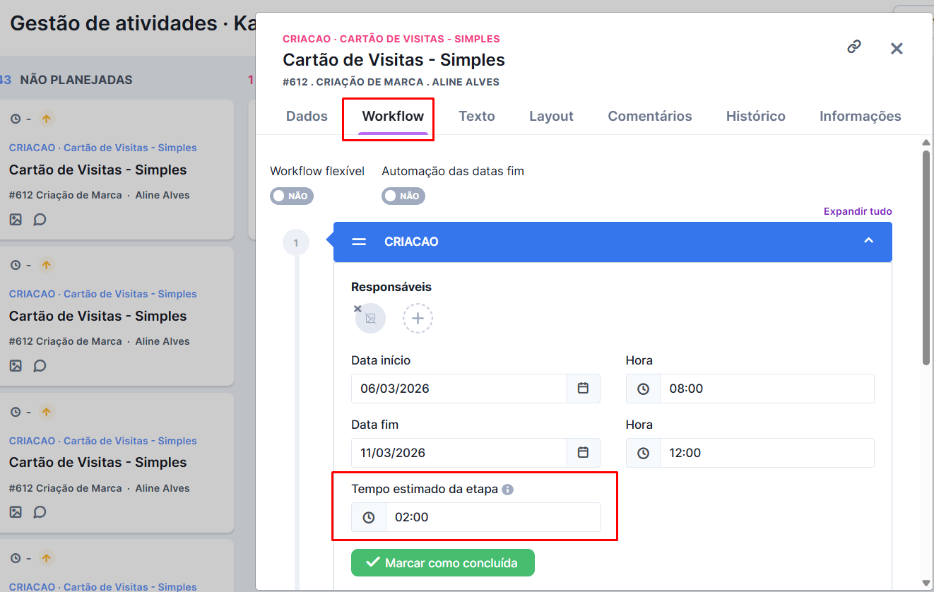 Tempo estimado visto pelo Gestão de Atividades