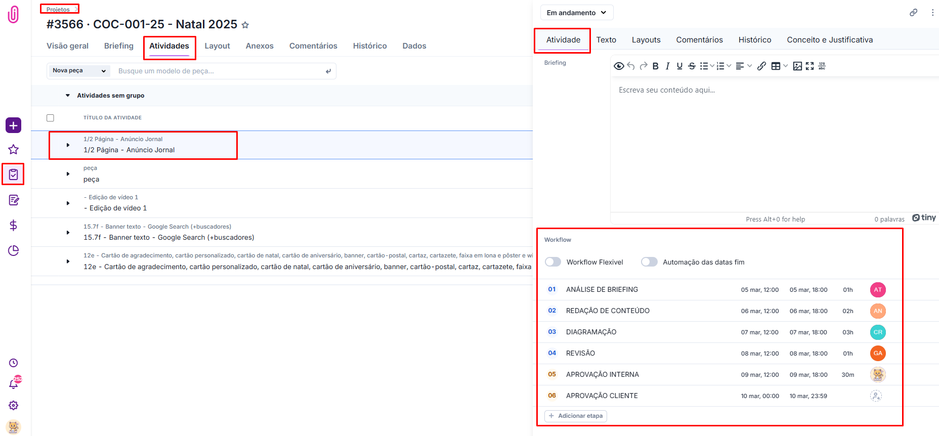 Configuração das etapas do workflow dentro de uma peça