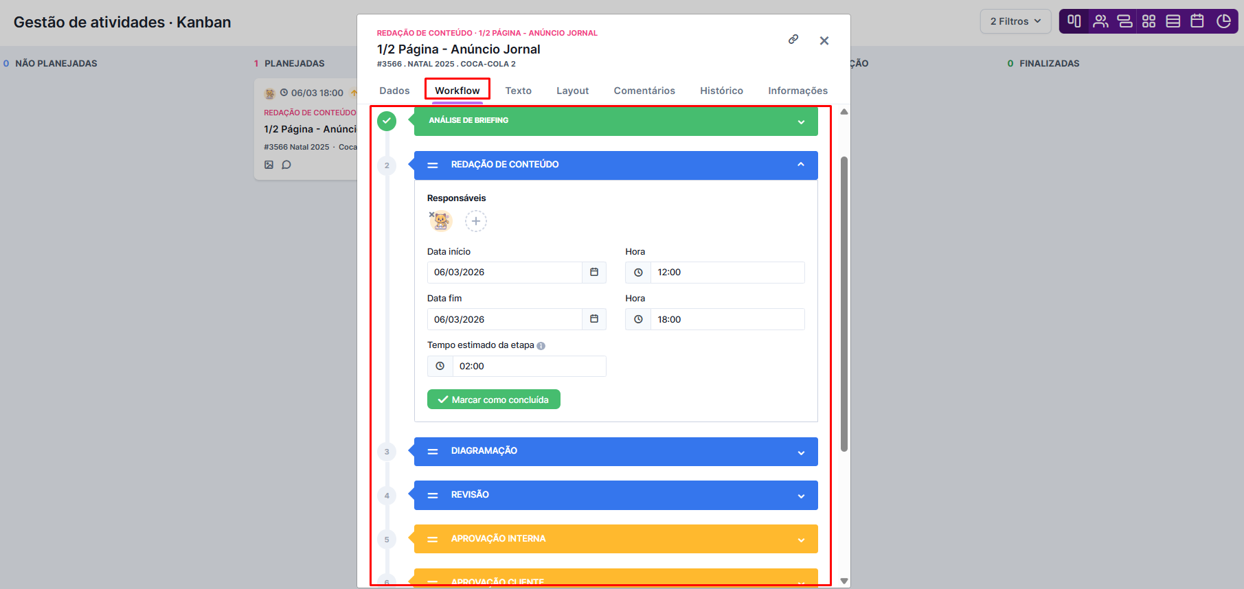 Editando o workflow de uma peça pelo Gestão de Atividades