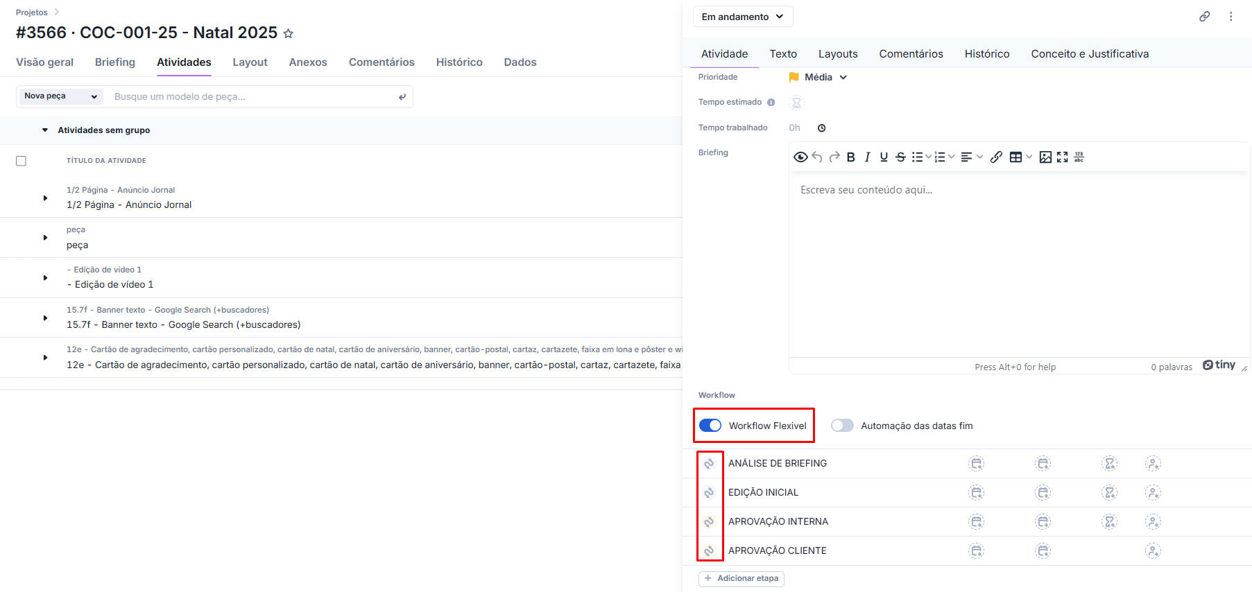 Ativando o workflow flexível dentro da peça