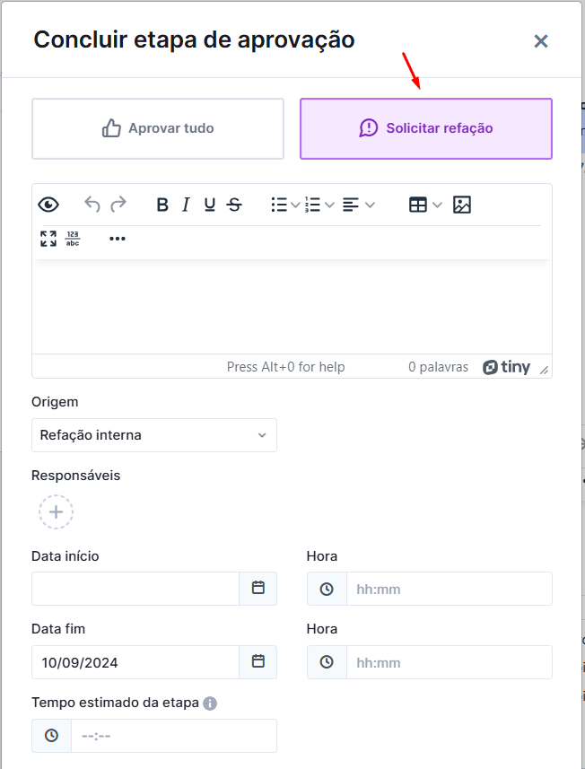 Solicitando refação com instruções para o colega responsável