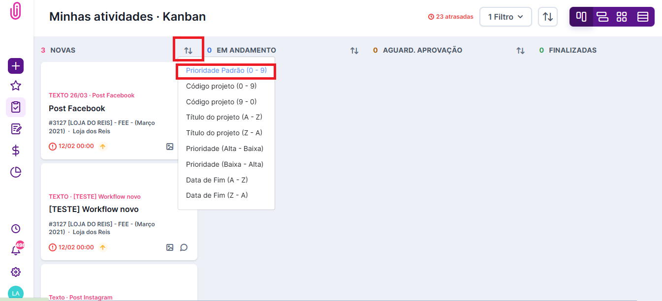 Ordenação por prioridade padrão em Minhas Atividades