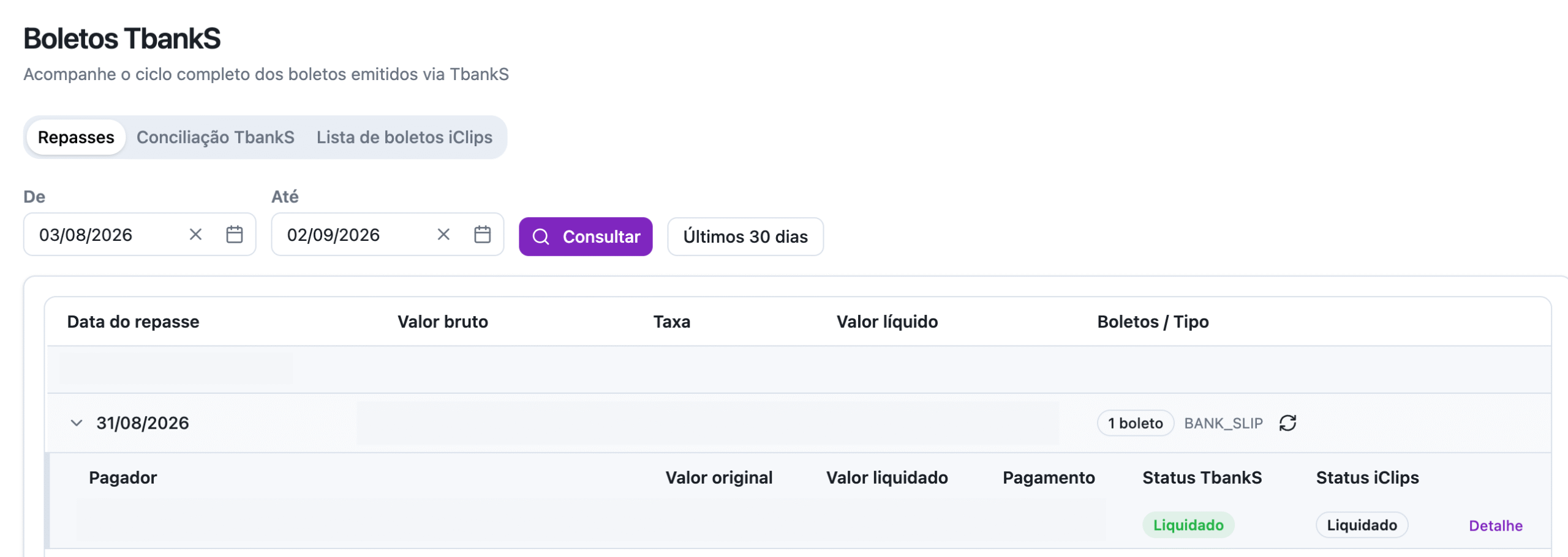 Aba de Repasses da tela de Boletos TbankS