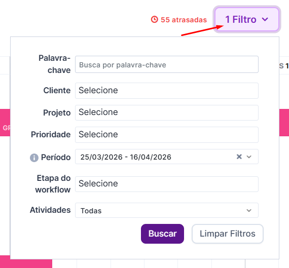 Filtros disponíveis no Gantt