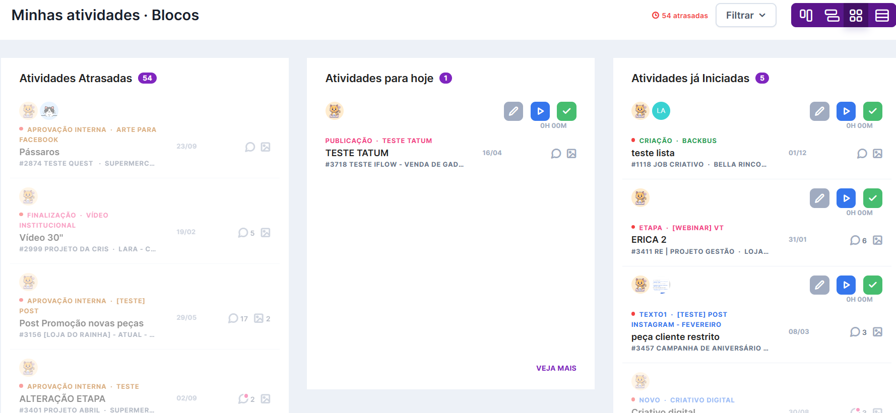Visão em blocos de Minhas Atividades