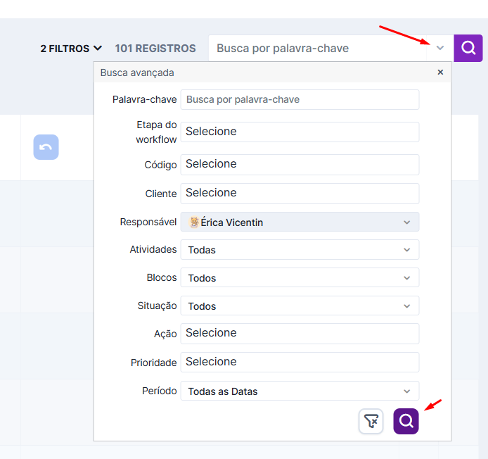 Filtro de pesquisa na visão em lista
