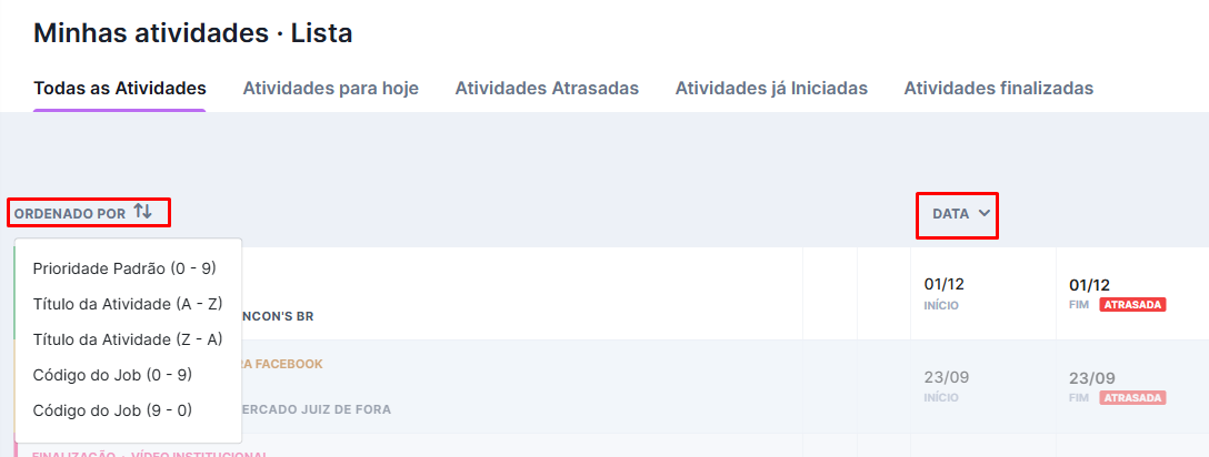 Reordenando a lista por título ou data