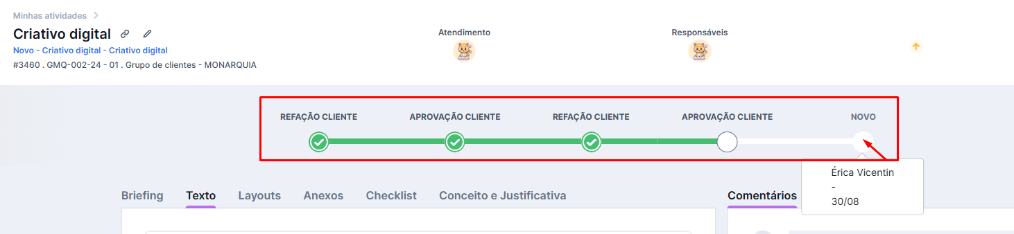 Linha do tempo do workflow dentro da peça
