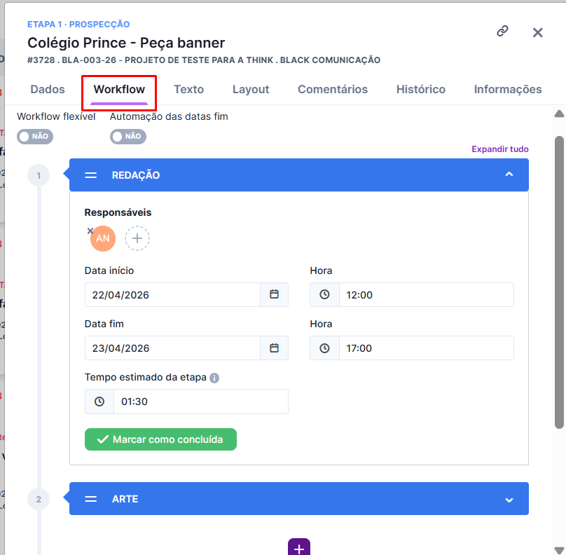 Aba de workflow com etapas e responsáveis