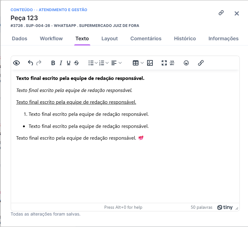 Aba de texto de uma peça