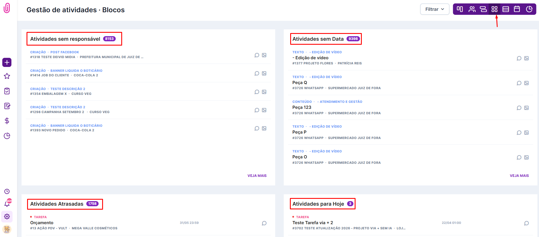Visão em blocos com categorias de atenção