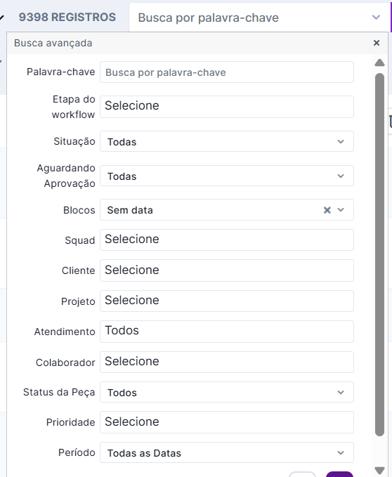 Painel de filtros da visão em lista