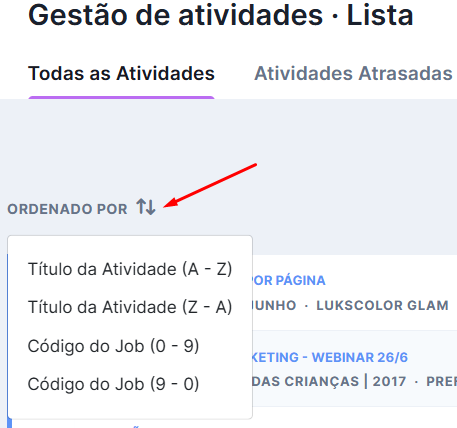 Ordenação por título ou projeto