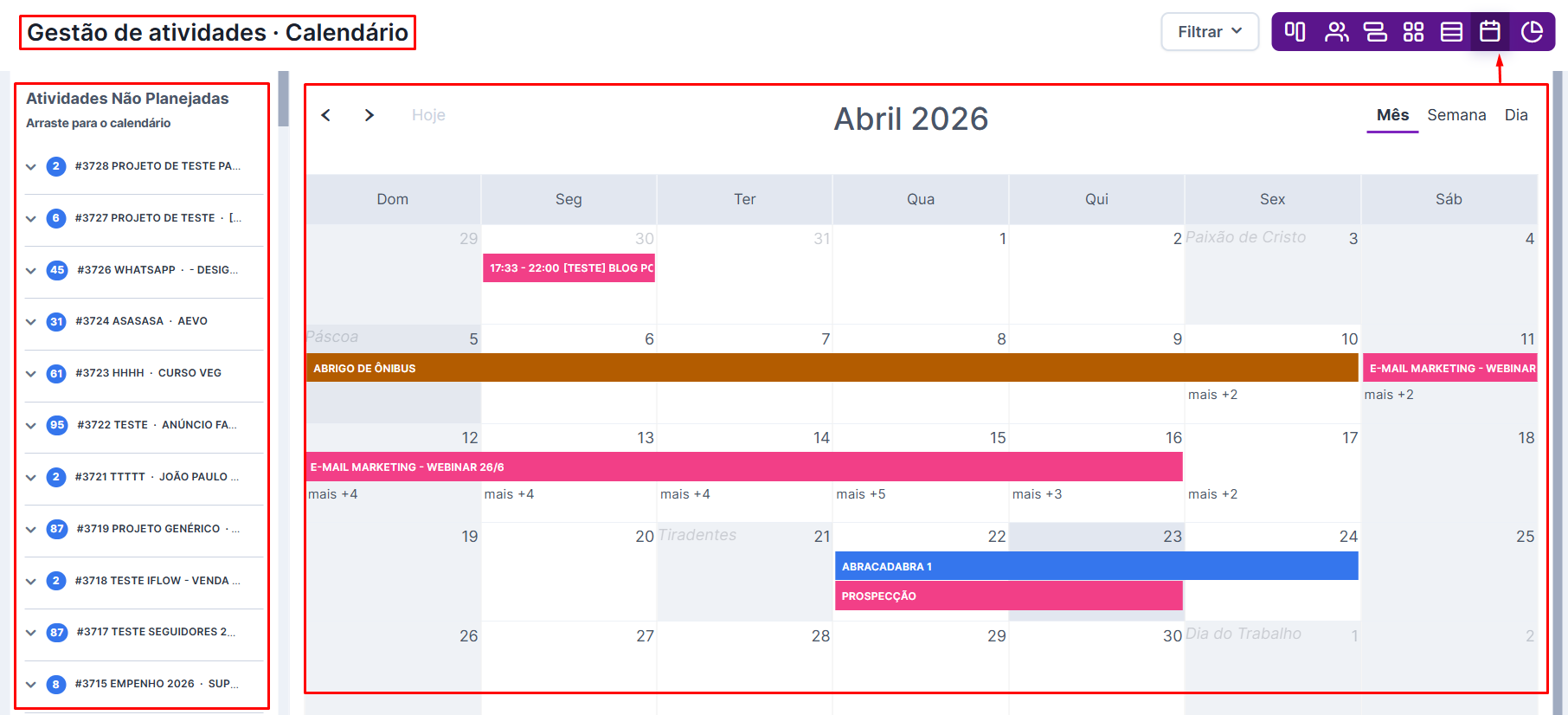 Visão de calendário com demandas por dia