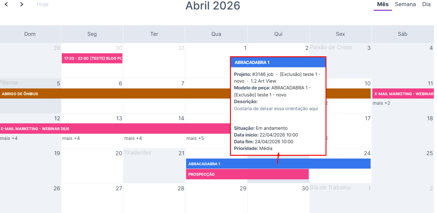 Detalhe de atividades no calendário