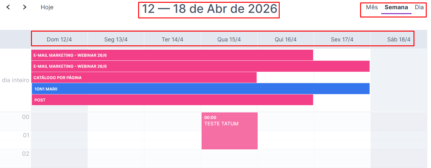 Visão semanal do calendário