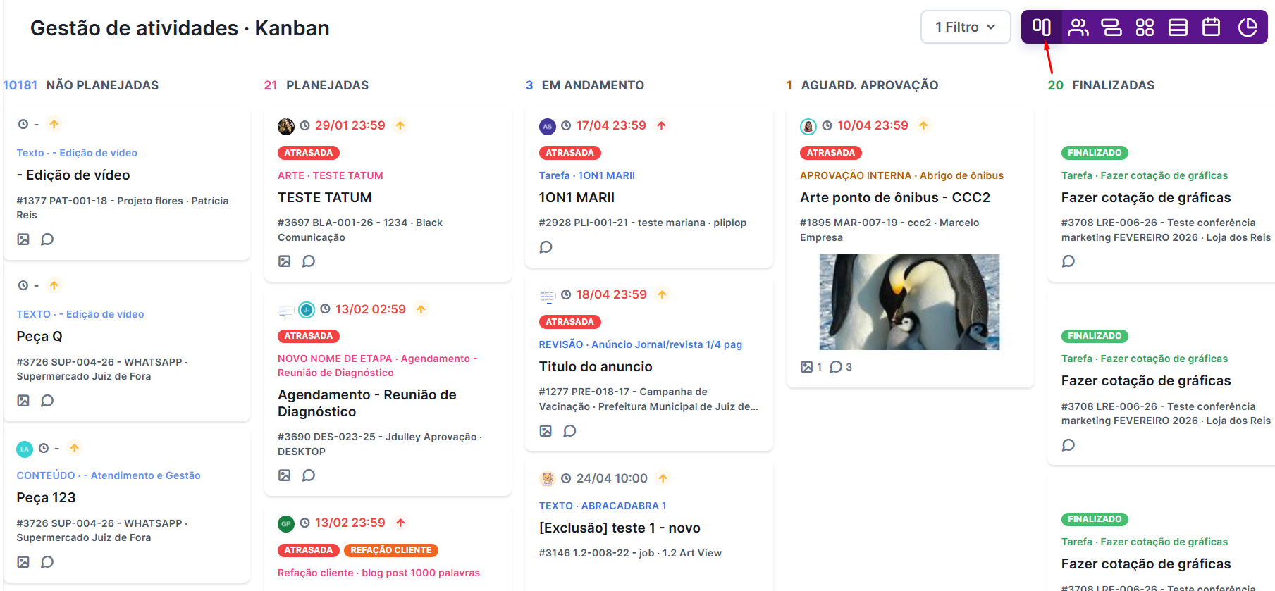 Visão Kanban do Gestão de Atividades, com colunas por estágio