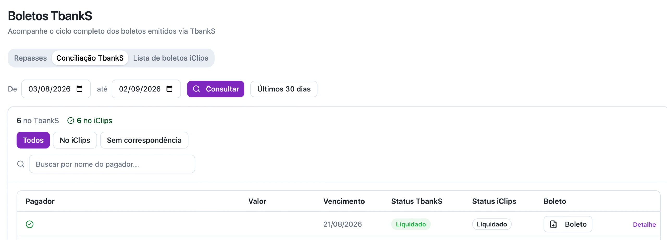 Aba de Conciliação TbankS comparando status do banco e do iClips