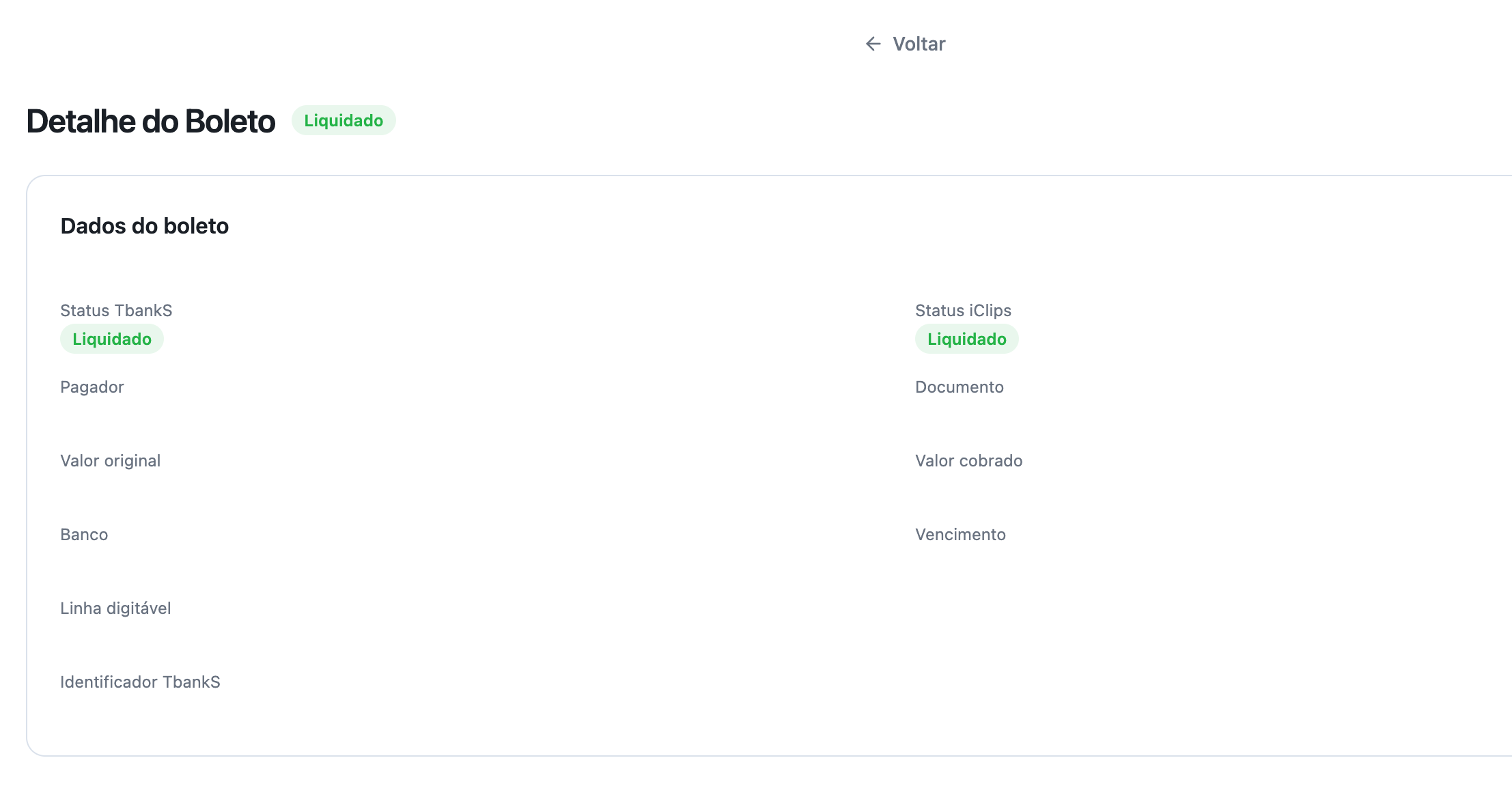 Modal de detalhes do boleto com dados locais e dados em tempo real da API