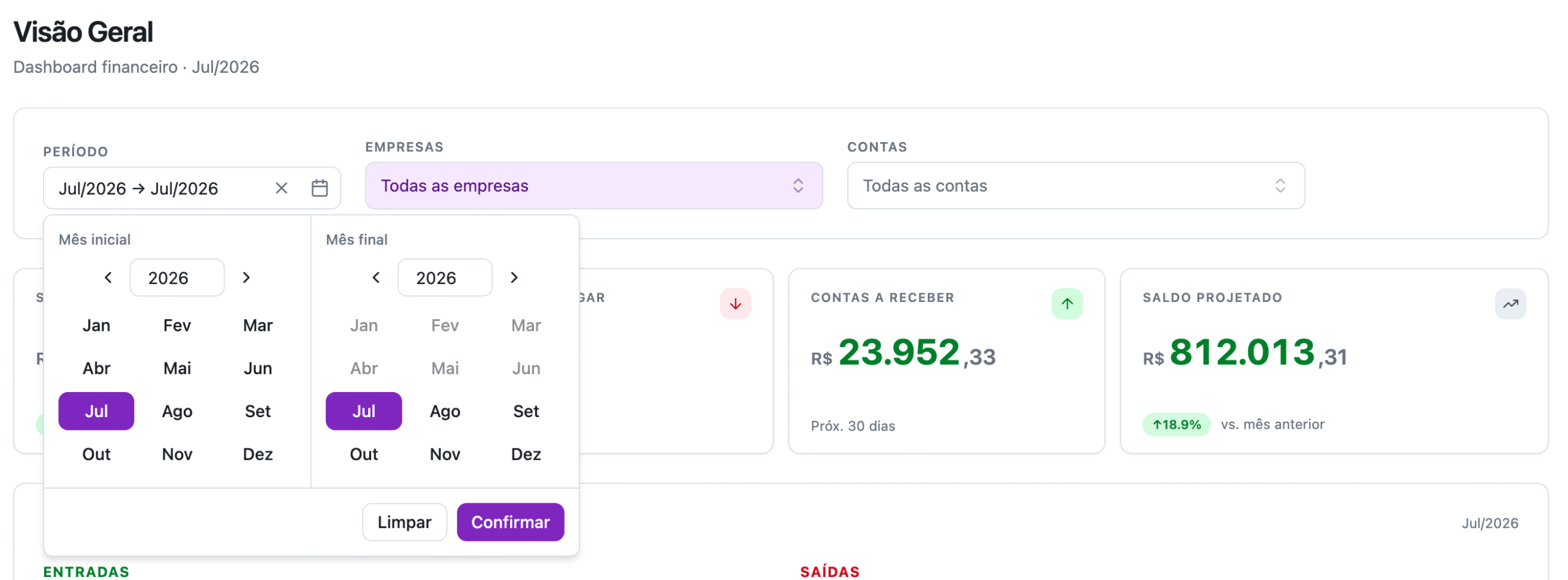 Filtros de período, empresas e contas
