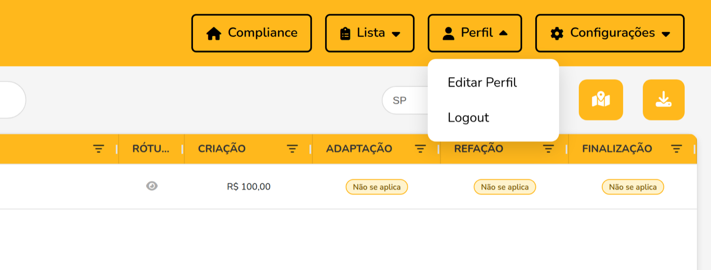 Menu Perfil aberto no sistema da FENAPRO, com as opções Editar Perfil e Logout