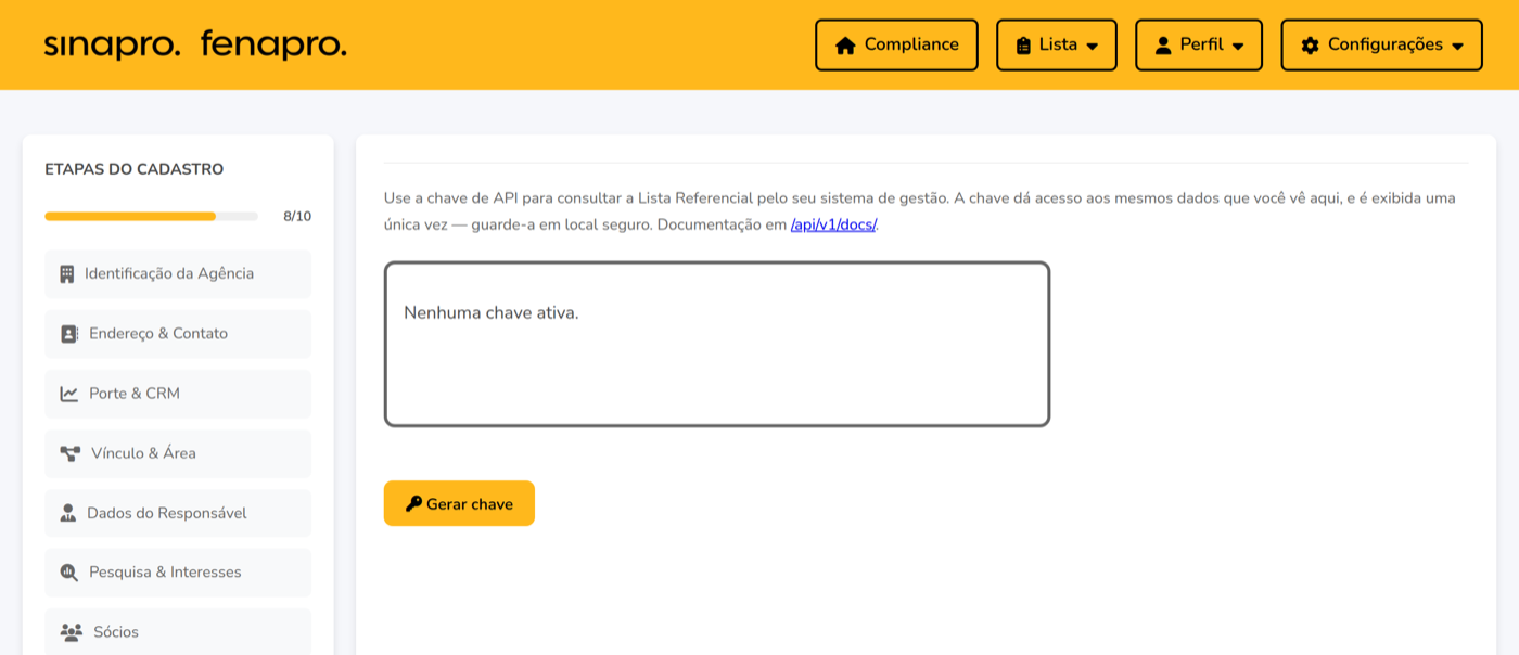 Etapa Minha Chave de API sem nenhuma chave ativa e com o botão Gerar chave