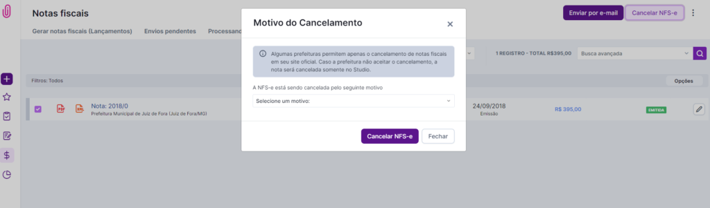 Janela Motivo do Cancelamento com o aviso sobre prefeituras que só aceitam cancelamento no site oficial e a lista de motivos