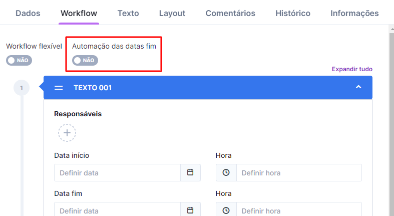 Flag de automação das datas fim numa peça